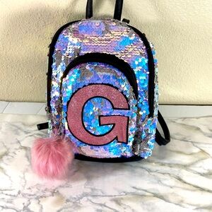 Justice G Sequin Mini Backpack with Pink PomPom , Flip Sequins Adjustable straps